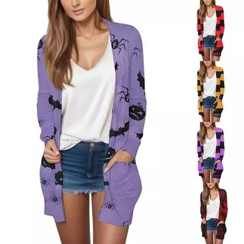 Женская мода, повседневный кардиган с принтом на Хэллоуин, средней длины, куртка, пальто XL