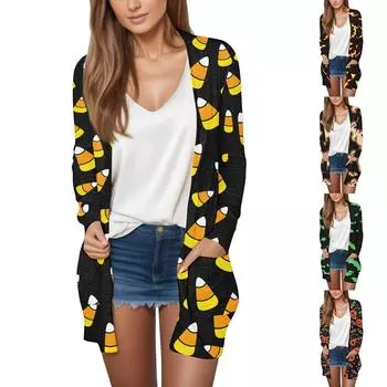 Женская мода, повседневный кардиган с принтом на Хэллоуин, средней длины, куртка, пальто M имбирный