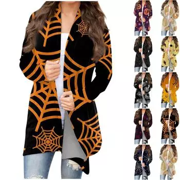 Женская мода, повседневный кардиган с принтом на Хэллоуин, средней длины, куртка, пальто XL хаки