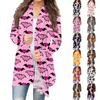Женская мода, повседневный кардиган с принтом на Хэллоуин, средней длины, куртка, пальто XXL