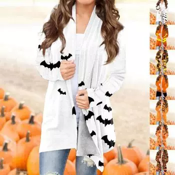 Женская мода, повседневный кардиган с принтом на Хэллоуин, средней длины, с длинными рукавами, пальто L киноварь