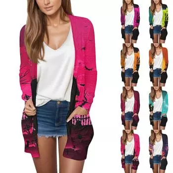 Женская мода, повседневный кардиган с принтом на Хэллоуин, средней длины, куртка, пальто M оранжевый