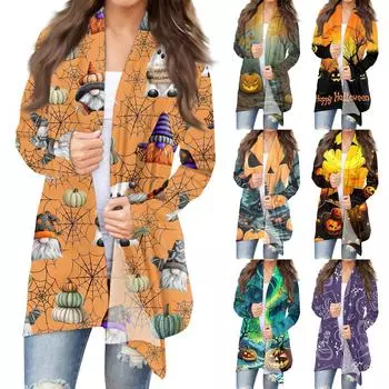 Женская мода, повседневный кардиган с принтом на Хэллоуин, средней длины, куртка, пальто XXXL золотой