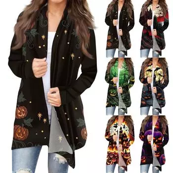 Женская мода, повседневный кардиган с принтом на Хэллоуин, средней длины, куртка, пальто L фиолетовый