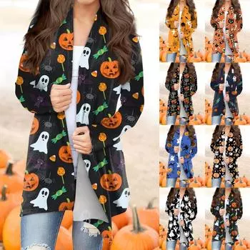 Женская мода, повседневный кардиган с принтом на Хэллоуин, средней длины, куртка с длинными рукавами, пальто XXXL чёрный