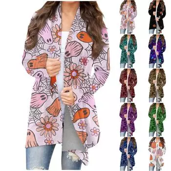 Женская мода, повседневный кардиган с принтом на Хэллоуин, средней длины, куртка, пальто XL чёрный