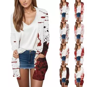 Женская мода, повседневный кардиган с принтом на Хэллоуин, средней длины, куртка, пальто XXL