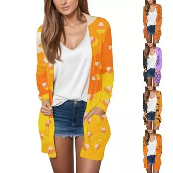 Женская мода, повседневный кардиган с принтом на Хэллоуин, средней длины, куртка, пальто XXL имбирный
