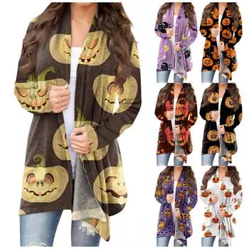 Женская мода, повседневный кардиган с принтом на Хэллоуин, средней длины, куртка, пальто M оранжевый