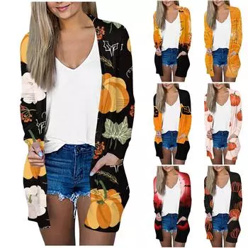Женская мода, повседневный кардиган средней длины с цветочным принтом на Хэллоуин, куртка, пальто M золотой