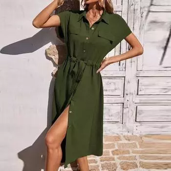 Женская мода повседневный кардиган туника платья с лацканами L армия зеленый