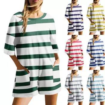 Женская мода, повседневный комбинезон с круглым вырезом и открытой спиной, карман с короткими рукавами и принтом S