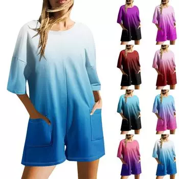 Женская мода, повседневный комбинезон с круглым вырезом и открытой спиной, карман с короткими рукавами и принтом L красный