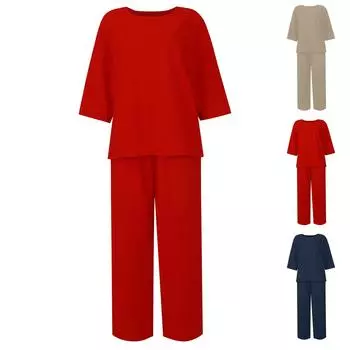 Женская мода, повседневный комплект брюк в стиле ретро, хлопковый льняной повседневный свободный хлопковый комплект XL винный