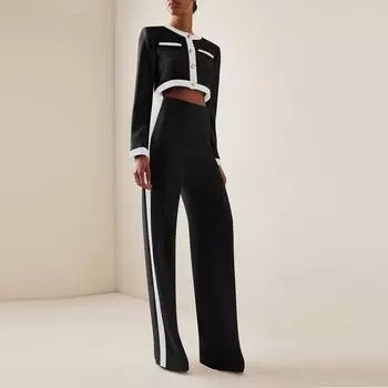 Женская мода, повседневный комплект с круглым вырезом, однобортный топ и брюки с длинными рукавами L чёрный