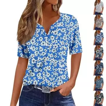 Женская мода повседневный короткий рукав цветочный принт топ M верблюд