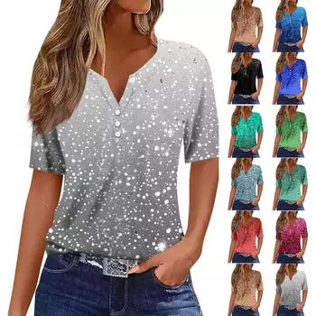 Женская мода повседневный короткий рукав цветочный принт топ L чёрный