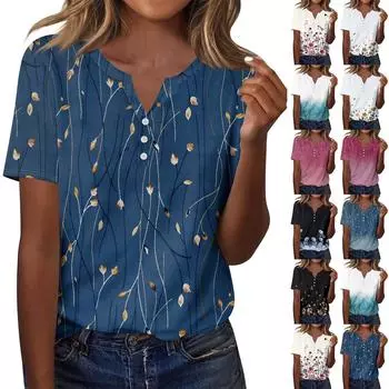 Женская мода повседневный короткий рукав цветочный принт топ L бежевый