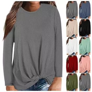 Женская мода повседневный круглый вырез однотонный длинный рукав подол перекрученный топ XXL