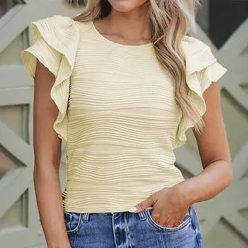 Женская мода повседневный круглый вырез пуловер топ однотонная футболка L бежевый