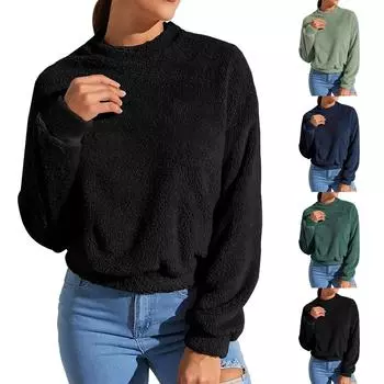 Женская мода повседневный круглый вырез свободный длинный рукав однотонный плюшевый топ M
