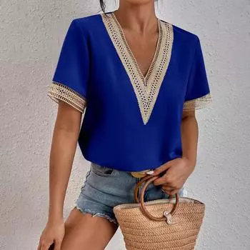 Женская мода, повседневный кружевной свободный топ с короткими рукавами и v-образным вырезом S синий