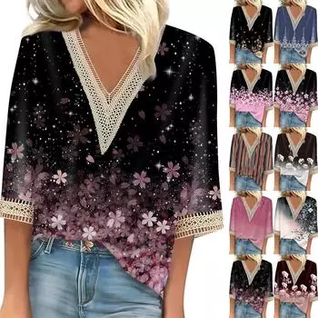 Женская мода повседневный кружевной топ с рукавом 7/10 и V-образным вырезом с цветочным принтом L чёрный