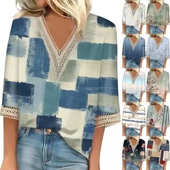 Женская мода повседневный кружевной топ с рукавом 7/10 и V-образным вырезом с цветочным принтом L синий