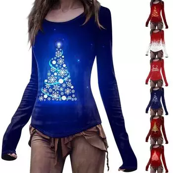 Женская мода повседневный Mori Slim с длинным рукавом Хэллоуин принтованный круглый вырез обычный топ XL синий