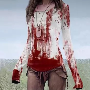Женская мода повседневный Mori Slim с длинным рукавом Хэллоуин принтованный круглый вырез обычный топ M