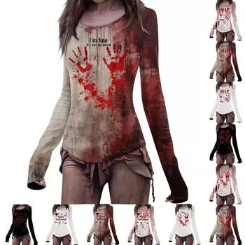 Женская мода повседневный Mori Slim с длинным рукавом Хэллоуин принтованный круглый вырез обычный топ L