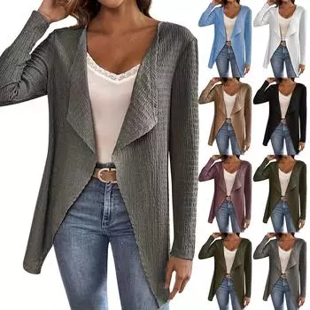 Женская мода повседневный однотонный длинный рукав свободный кардиган топ L армия зеленый