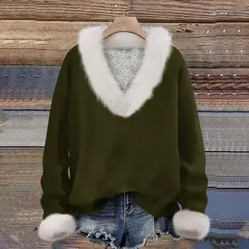 Женская мода повседневный однотонный длинный рукав V-образный вырез пуловер для волос топ L армия зеленый