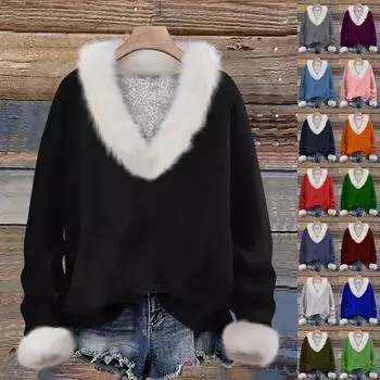 Женская мода повседневный однотонный длинный рукав V-образный вырез пуловер для волос топ L армия зеленый