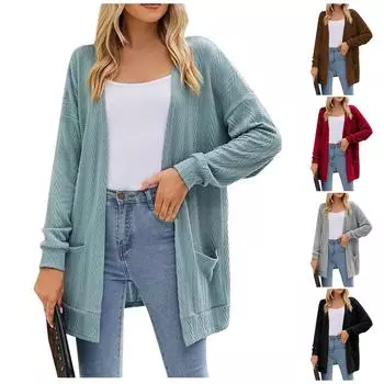 Женская мода повседневный однотонный кардиган средней длины свитер пальто M чёрный