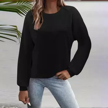 Женская мода повседневный однотонный круглый вырез рукав длинный рукав топ L чёрный