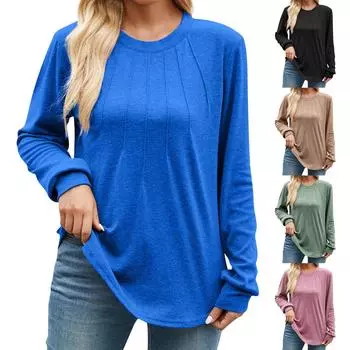 Женская мода повседневный однотонный плиссированный круглый вырез с длинным рукавом свободный пуловер топ L чёрный