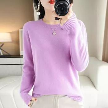 Женская мода, повседневный однотонный принт, большие размеры, осень-зима, свитера с круглым вырезом и длинными рукавами S фиолетовый