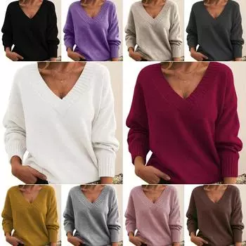 Женская мода, повседневный однотонный принт, осень-зима, свободные свитера с длинным рукавом и v-образным вырезом S хаки