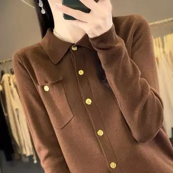 Женская мода, повседневный однотонный принт, осень-зима, свободные свитера с длинными рукавами и воротником-поло S розовый