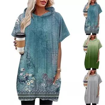 Женская мода повседневный однотонный пуловер с капюшоном средней длины с карманами и короткими рукавами L зелёный