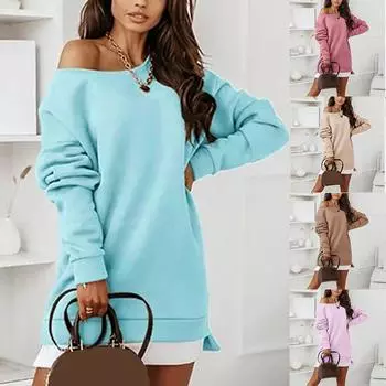 Женская мода, повседневный однотонный пуловер с открытыми плечами и длинными рукавами, сексуальный пуловер, хлопковое платье-свитер L синий