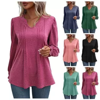 Женская мода, повседневный однотонный пуловер с рукавами-пузырьками и v-образным вырезом, длинными рукавами XXL чёрный