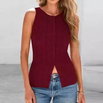 Женская Мода Повседневный Однотонный Сексуальный Безрукавный Топ-Футболка с Пуговицами XL красный