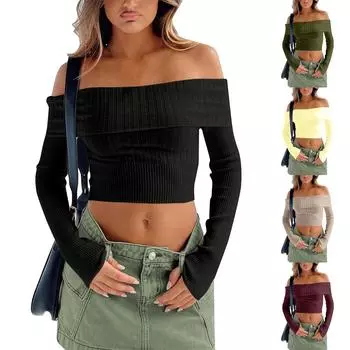 Женская мода, повседневный однотонный сексуальный плиссированный тонкий топ с прямыми плечами, новый сексуальный вязаный свитер с одним вырезом и длинными рукавами S бежевый