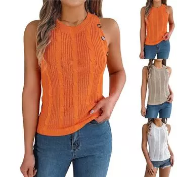 Женская мода, повседневный однотонный свитер без рукавов с круглым вырезом и полыми пуговицами, топ для отдыха L хаки