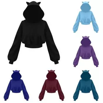 Женская мода повседневный однотонный свитер с капюшоном и кошачьими ушками, длинный рукав L чёрный