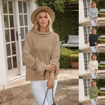 Женская мода повседневный однотонный свитер с расклешенными рукавами и круглым вырезом L армия зеленый