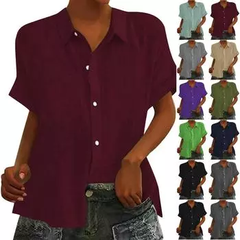 Женская мода, повседневный однотонный свободный кардиган из хлопка и льна с короткими рукавами и пуговицами с лацканами, топ L