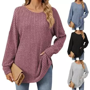Женская мода, повседневный однотонный свободный пуловер с круглым вырезом и длинными рукавами